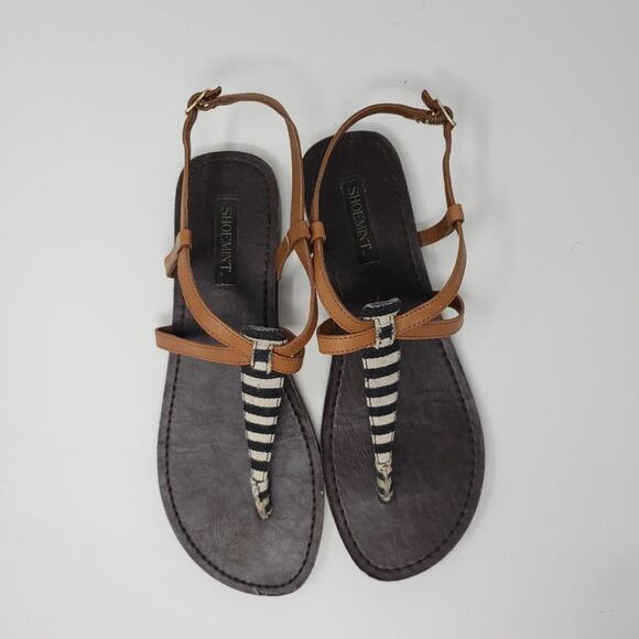 Shoemint Brown Stripe Thong Flat Slingback Ankle Buckled Sandals Women's Size 6 - Picture 7 of 13